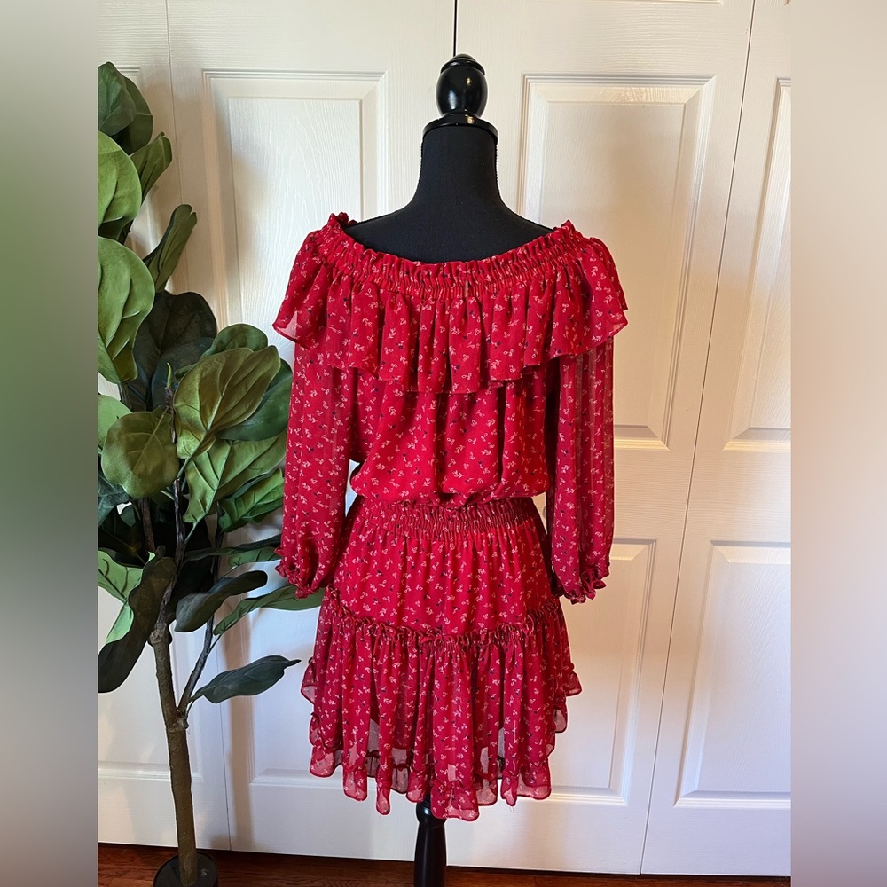 MISA Los Ángeles Red Off-Shoulder Ruffle Tiered Dress